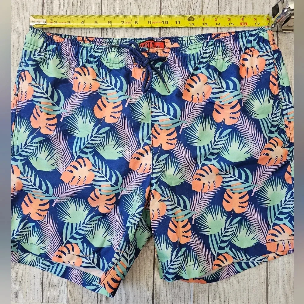 Party Shark’s •Men’s Size XL• Swim Shorts Lined Pockets Pull On Tropical Print